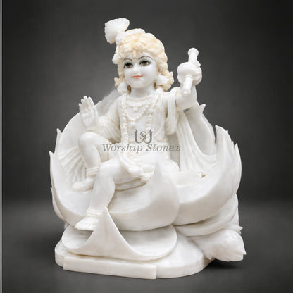 15-Inch Pure White Makrana Marble Laddu Gopal Krishna Murti Seated on Lotus