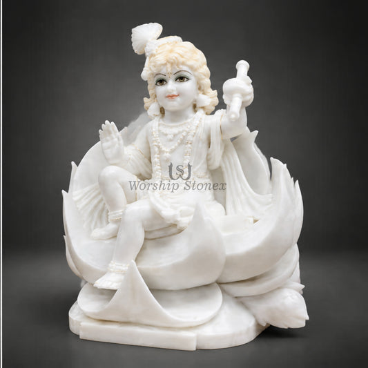 15-Inch Pure White Makrana Marble Laddu Gopal Krishna Murti Seated on Lotus