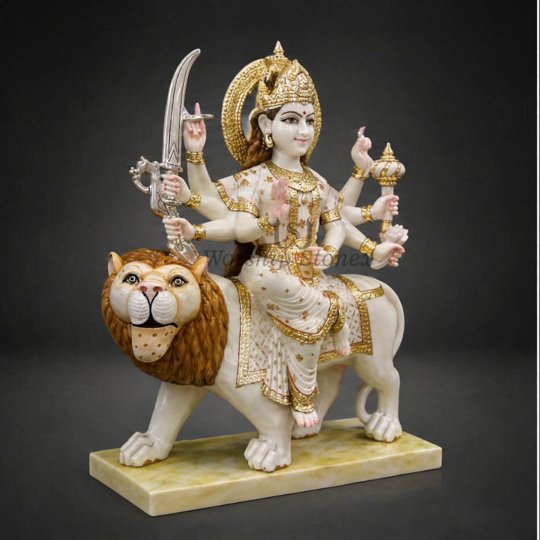 24 inch Maa Durga (Sherawali) Makrana White Marble Murti (Gold Embossed Finish)