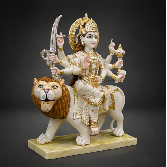 24 inch Maa Durga (Sherawali) Makrana White Marble Murti (Gold Embossed Finish)