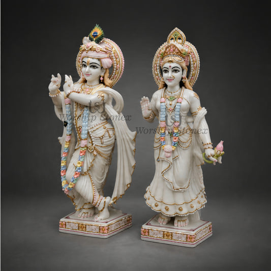 12 inch to 36 inch Makrana White Marble Radha Krishna Statue Set – Standing Pair Idol with Pastel Flower Garlands and Gold Detailing