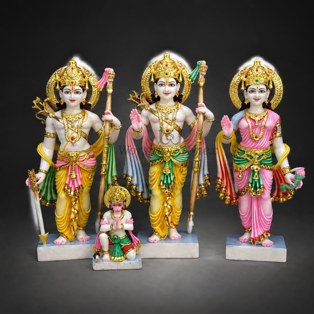 24K Gold Foil Painted Makrana Marble Ram Darbar Statue | Royal Temple Idol handcrafted idol