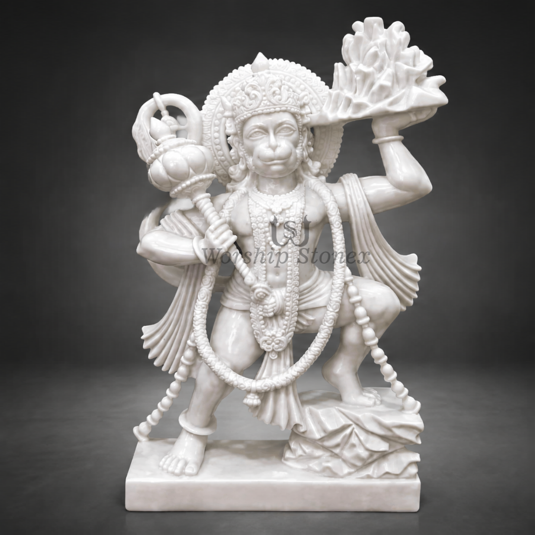 15 inch Standing Lord Hanuman Ji Makrana White Marble Murti,idol, statue (Meenakari & Gold Finish)
