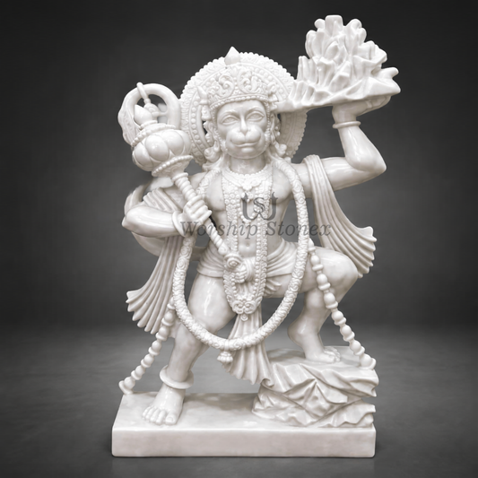 15 inch Standing Lord Hanuman Ji Makrana White Marble Murti,idol, statue (Meenakari & Gold Finish)