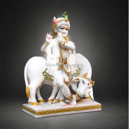 12 inch to 36 inch Makrana White Marble Lord Krishna with Cow Statue – Standing Flute Krishna Idol with Gold Work