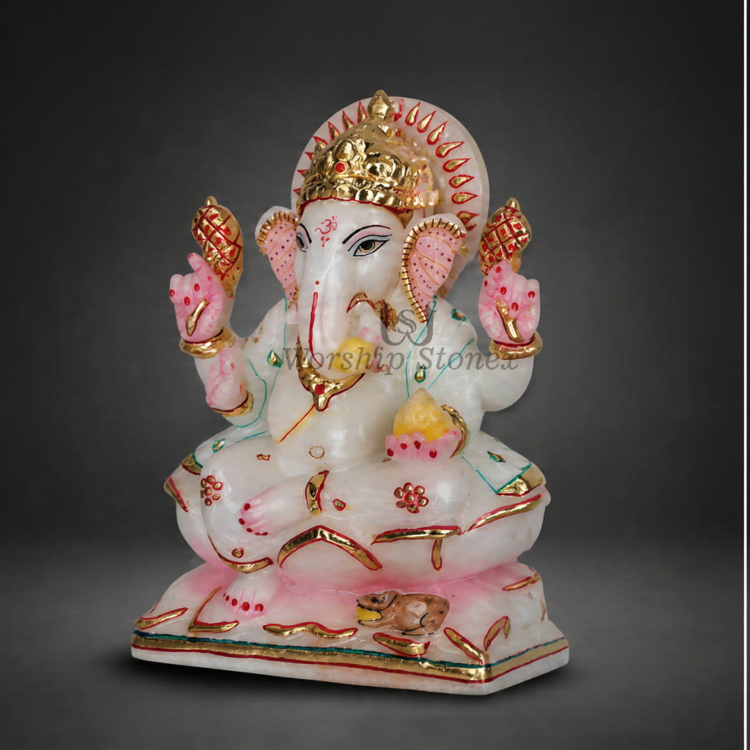 6 inch Lord Ganesha Vietnam White Marble Murti (Gold Embossed & Pink Meenakari Finish)