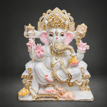 6' to 18' Premium White Marble Ganesha Murti – Gold & Pink Handcrafted Ganesh Idol