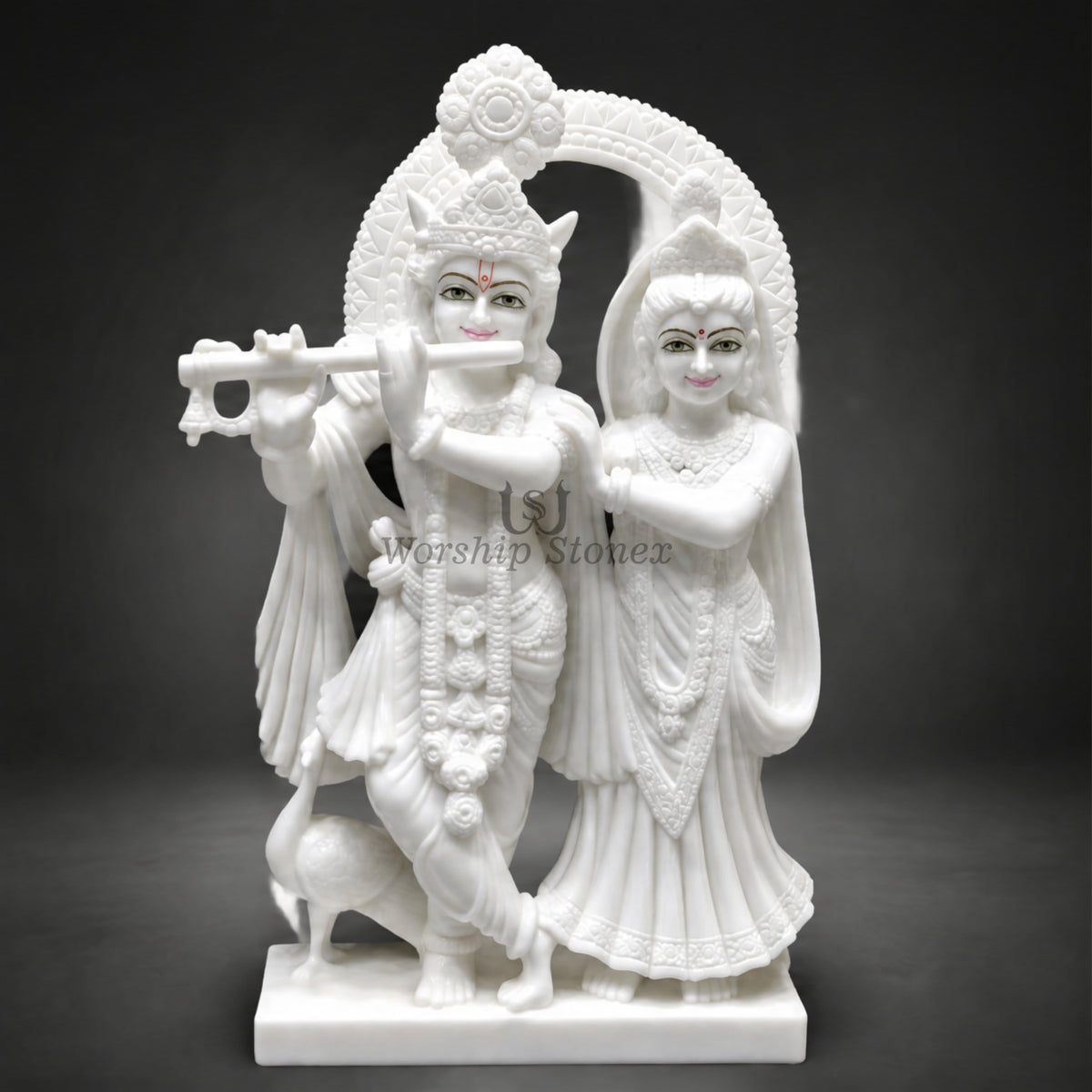 24" White Makrana Marble Radha Krishna Idol with Decorative Halo