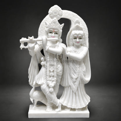 24" White Makrana Marble Radha Krishna Idol with Decorative Halo