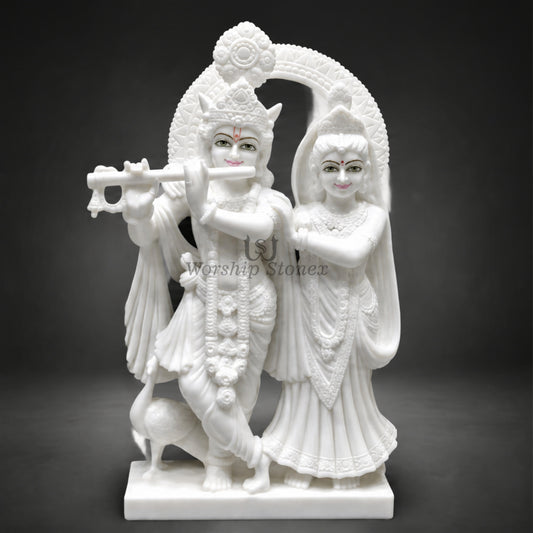 24" White Makrana Marble Radha Krishna Idol with Decorative Halo
