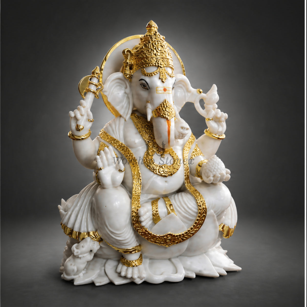 Handcrafted Pure White Marble Lord Ganesha Idol – Sitting Vinayaka Murti with Gold Work