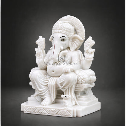 6 inch to 24 inch Handcrafted Pure White Makrana Marble Ganesha Statue Seated on Royal Chowki