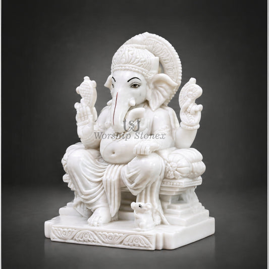 6 inch to 24 inch Handcrafted Pure White Makrana Marble Ganesha Statue Seated on Royal Chowki