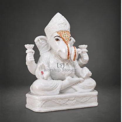 12 inch to 36 inch Vietnam White Marble Lord Ganesha Statue – Seated Vinayaka Idol with Fine Tilak Work