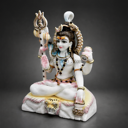 18 inch Seated Lord Shiva Makrana White Marble Murti (Gold Embossed & Meenakari Finish)