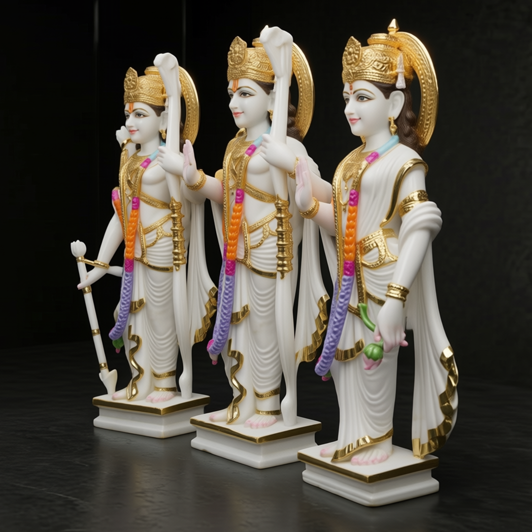 18 Inch Premium Makrana Marble Ram Darbar Statue Set – Lord Ram, Lakshman & Goddess Sita | Handcrafted with Gold Detailing