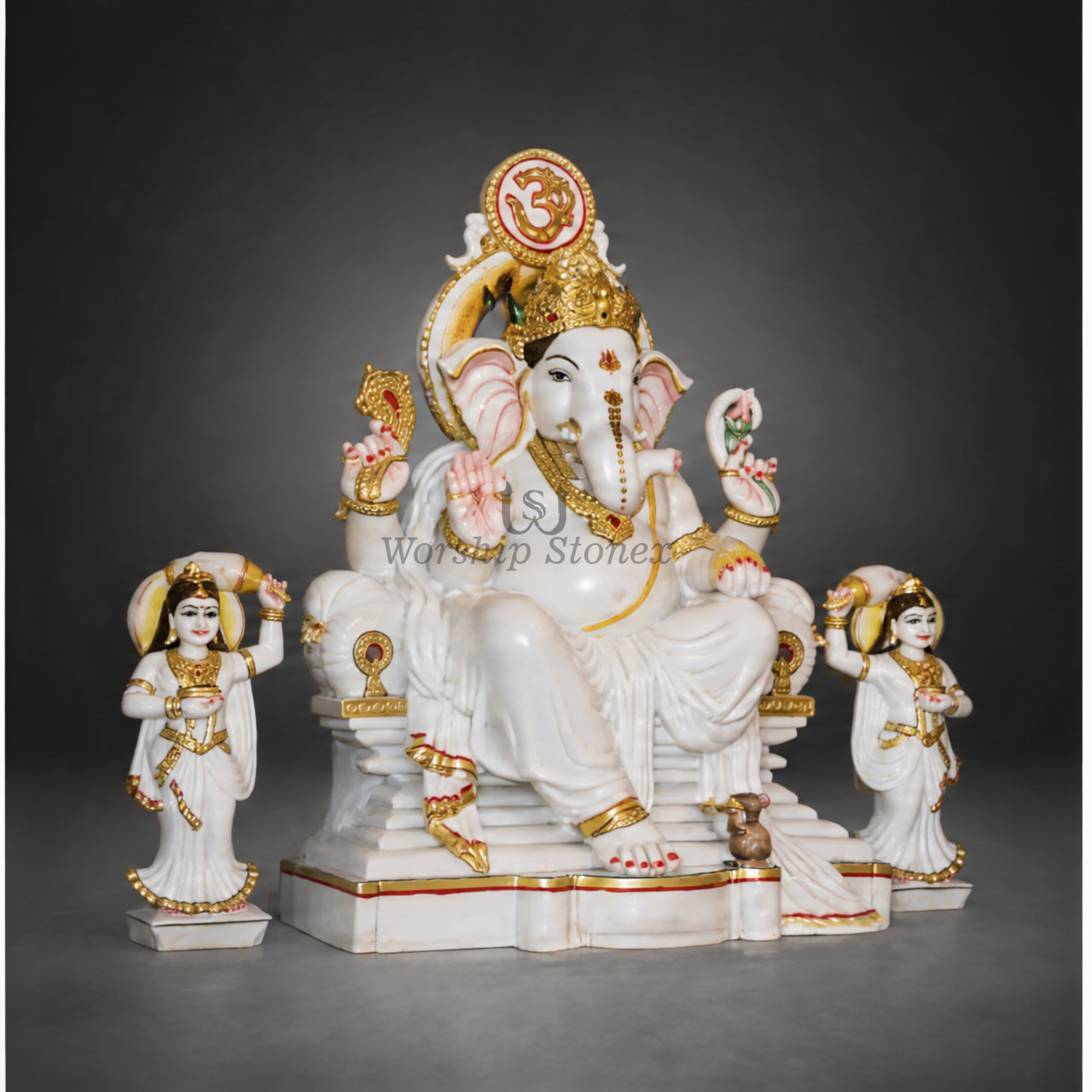24 Inch Handcrafted White Marble Lord Ganesha Statue set with Riddhi Siddhi – Seated Sinhasan Ganesha Idol with Gold Detailing