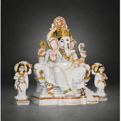 24 Inch Handcrafted White Marble Lord Ganesha Statue set with Riddhi Siddhi – Seated Sinhasan Ganesha Idol with Gold Detailing