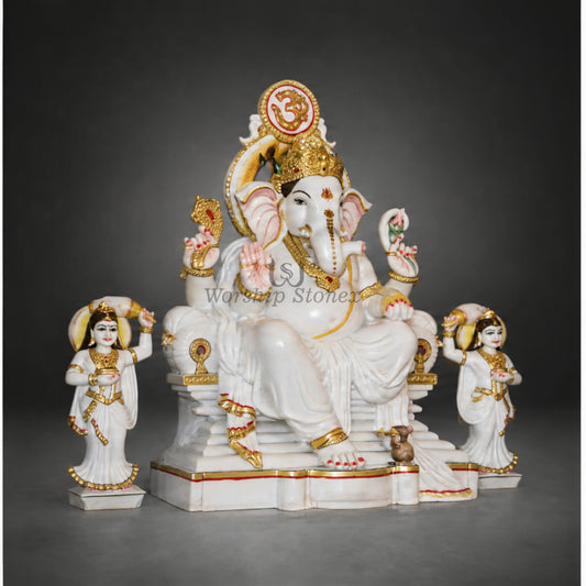 24 Inch Handcrafted White Marble Lord Ganesha Statue set with Riddhi Siddhi – Seated Sinhasan Ganesha Idol with Gold Detailing