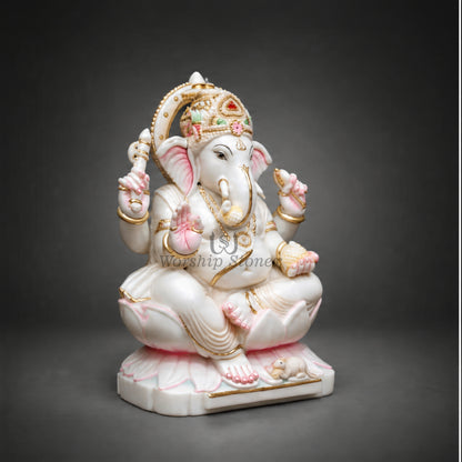 12 Inch Handcrafted White Marble Ganesha Moorti - Pink Lotus Seated Idol
