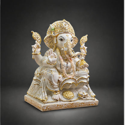 15 inch Makrana Marble Lord Ganesha Murti with Intricate Gold Work and Modak