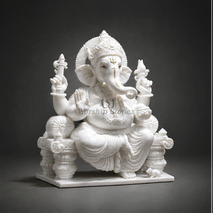 6' to 18' White Marble Lord Ganesha Murti – Premium Seated Design