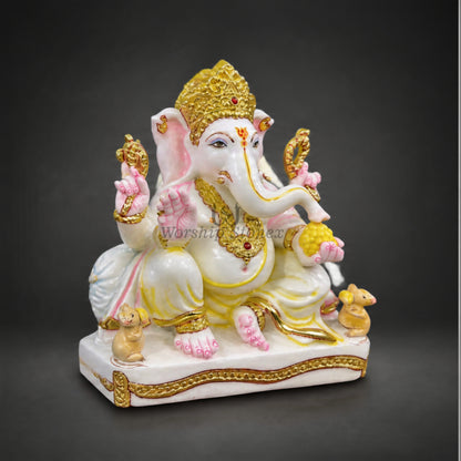 15 Inch White Makrana Marble Ganesha Statue with Rich Gold & Soft Pink Detailing