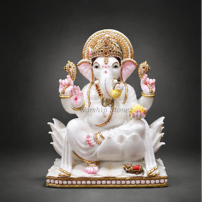 15 Inch White Marble Lord Ganesha Statue – Seated Lotus Ganesha Idol with Gold Detailing
