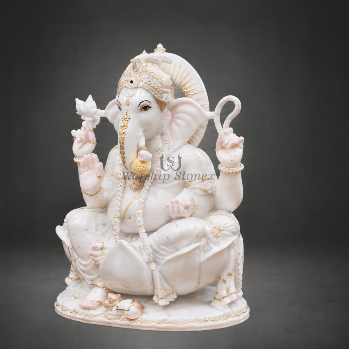 18 Inch White Marble Four-Armed Lord Ganesha Moorti with Golden Work