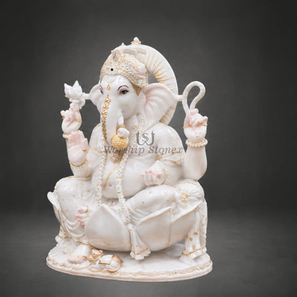 18 Inch White Marble Four-Armed Lord Ganesha Moorti with Golden Work