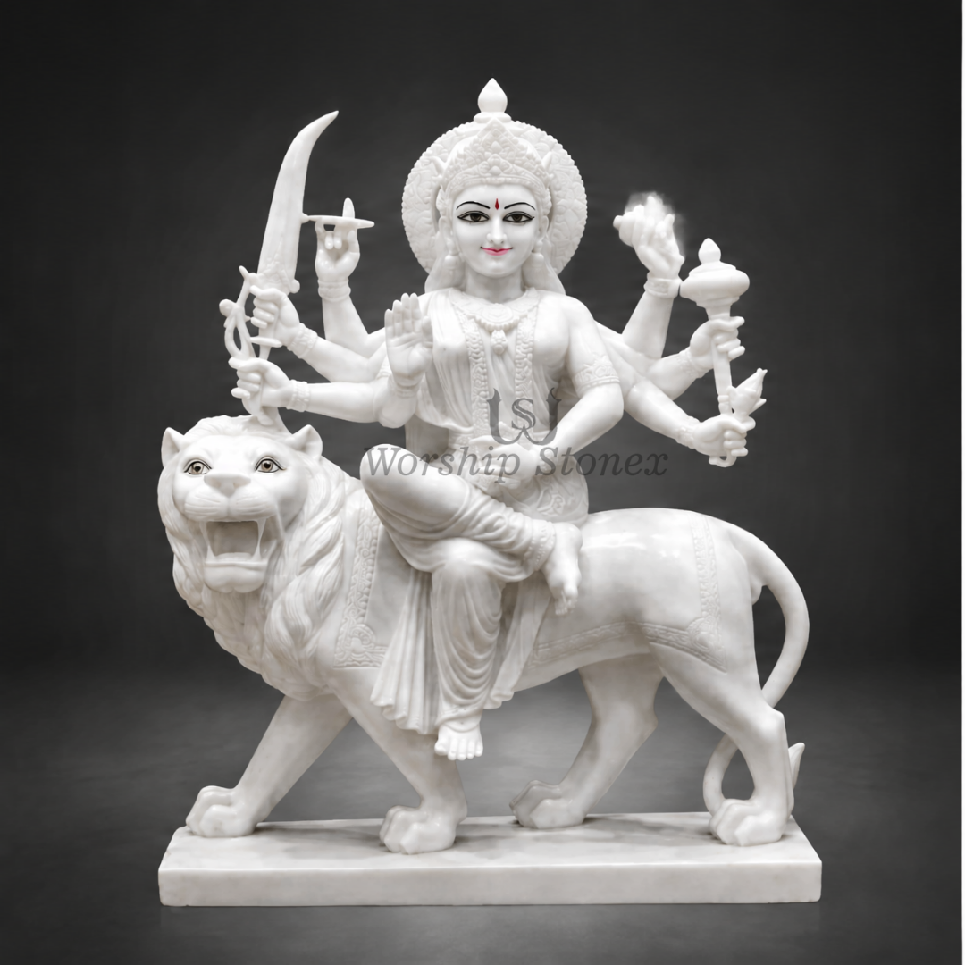 24 inch Pure Vietnam White Marble Maa Durga Idol (Plain/Minimal Finish)