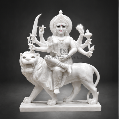 24 inch Pure Vietnam White Marble Maa Durga Idol (Plain/Minimal Finish)