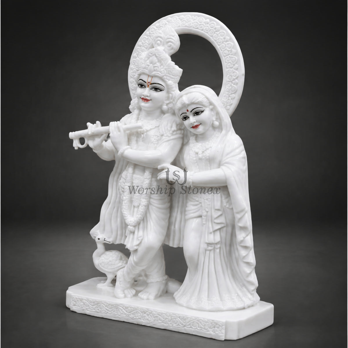 20 inch Makrana Marble Radha Krishna Murti with Peacock and Intricate Carving