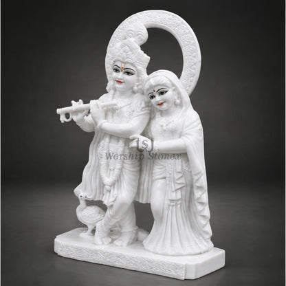 20 inch Makrana Marble Radha Krishna Murti with Peacock and Intricate Carving