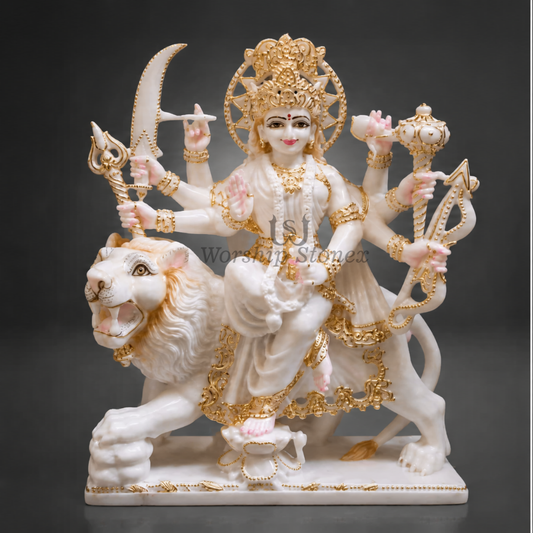 24 inch Maa Durga (Sherawali) Vietnam White Marble Murti (Gold Embossed Finish)