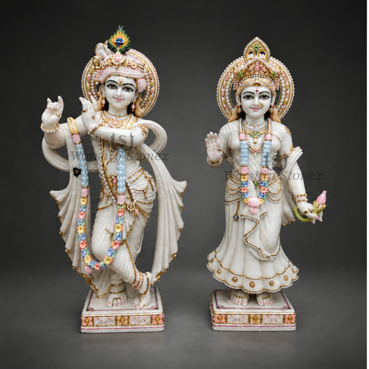 12 inch to 36 inch Makrana White Marble Radha Krishna Statue Set – Standing Pair Idol with Pastel Flower Garlands and Gold Detailing