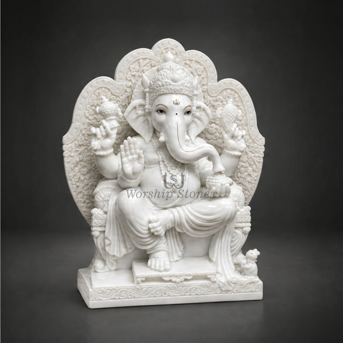 15 Inch Handcrafted White Marble Ganesha Moorti - Intricately Carved Throne Idol