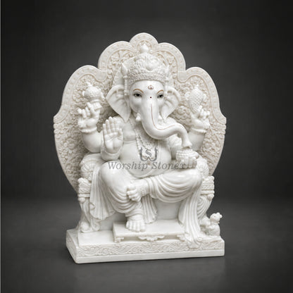 15 Inch Handcrafted White Marble Ganesha Moorti - Intricately Carved Throne Idol