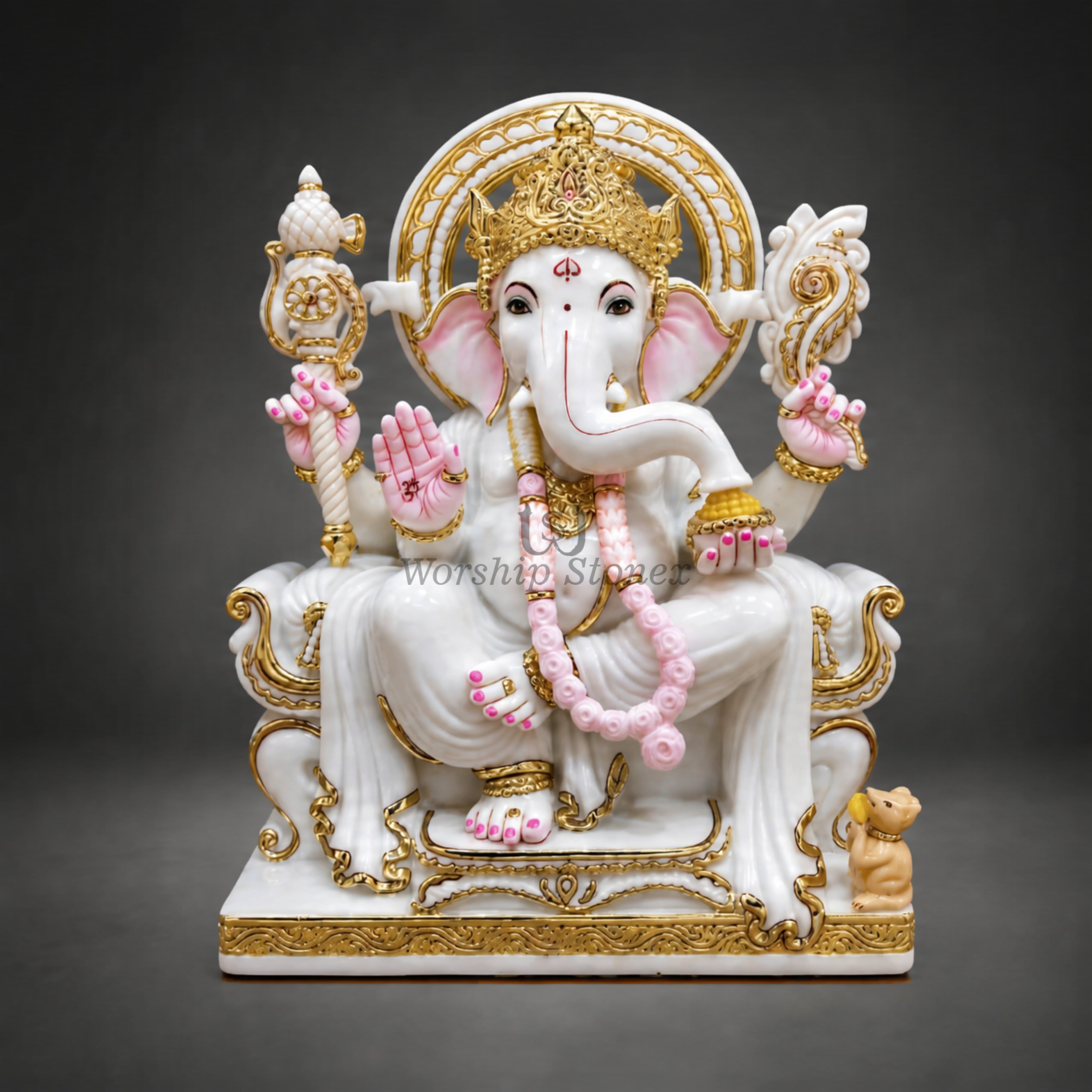 18 Inch White Marble Lord Ganesha Moorti with Golden and Pink Detailing