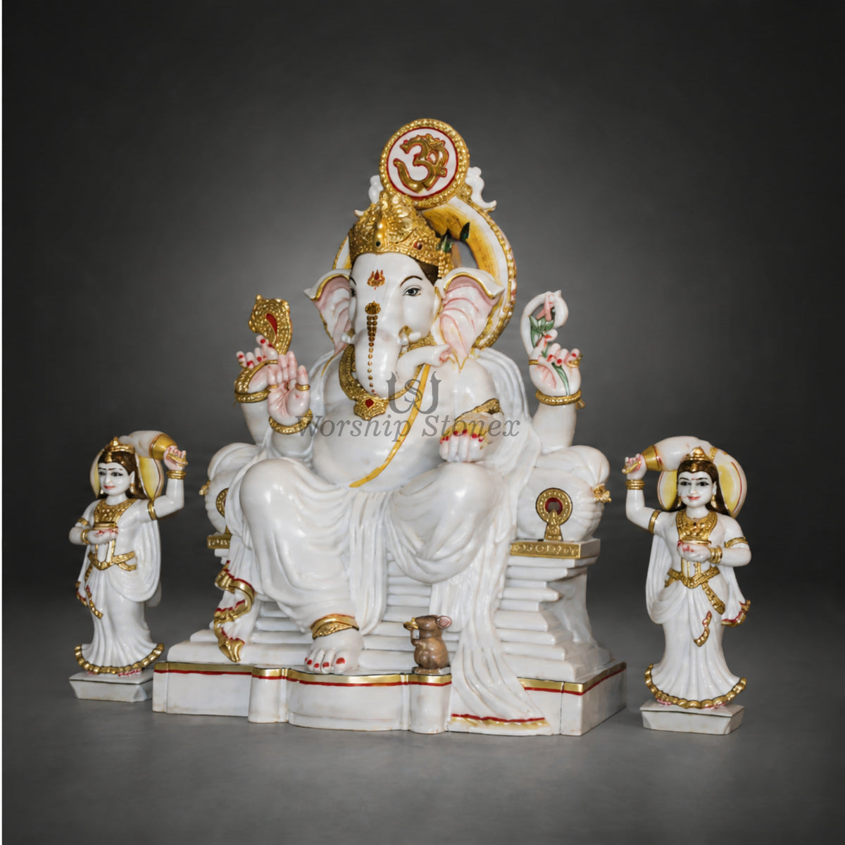 24 Inch Handcrafted White Marble Lord Ganesha Statue set with Riddhi Siddhi – Seated Sinhasan Ganesha Idol with Gold Detailing