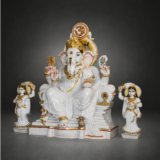 24 Inch Handcrafted White Marble Lord Ganesha Statue set with Riddhi Siddhi – Seated Sinhasan Ganesha Idol with Gold Detailing