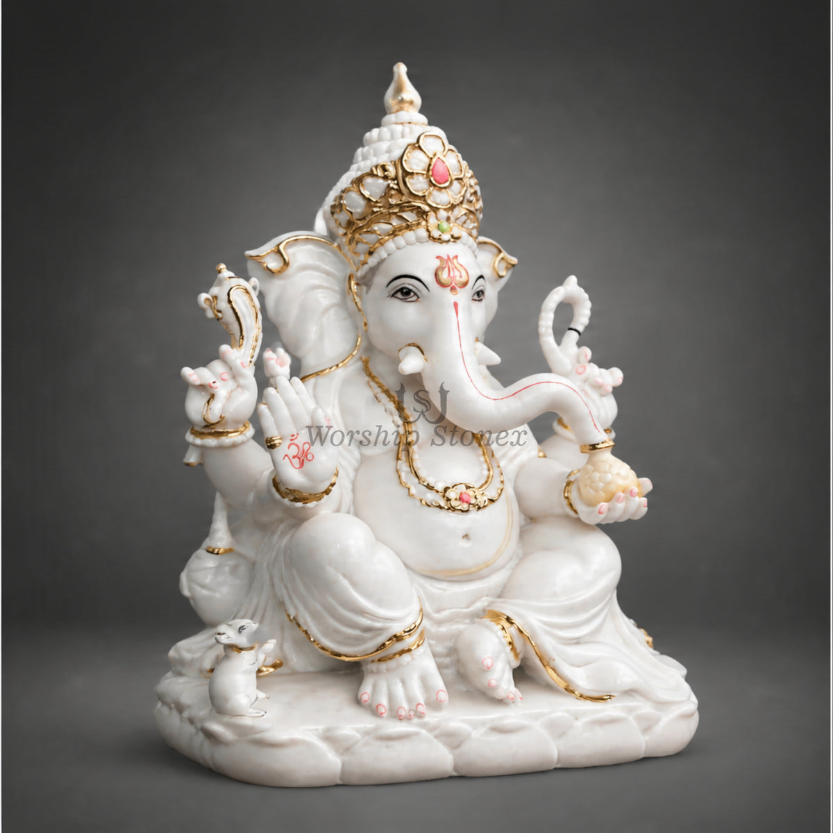 12 Inch White Marble Lord Ganesha Idol with Gold Work – Premium Designer Ganesh Murti