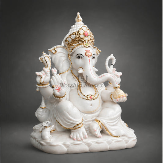 12 Inch White Marble Lord Ganesha Idol with Gold Work – Premium Designer Ganesh Murti