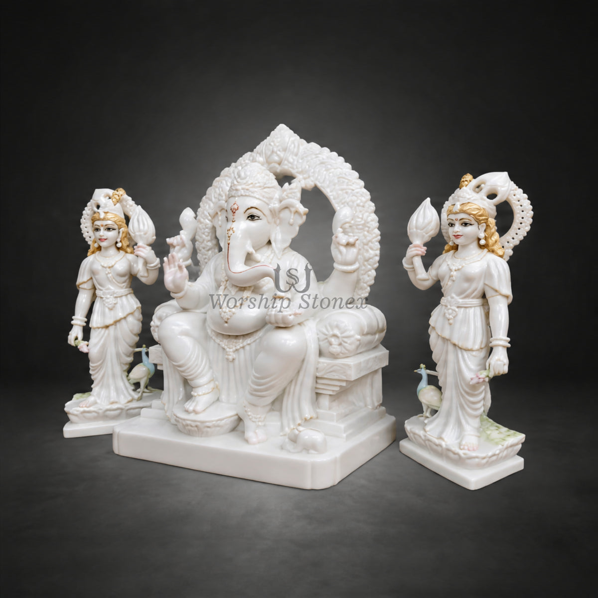 12' to 24' inch Makrana Marble Riddhi Siddhi Ganesha Murti Set