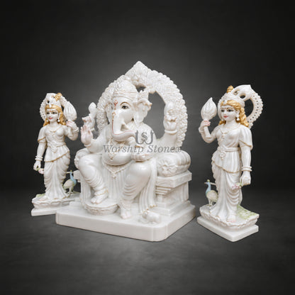 12' to 24' inch Makrana Marble Riddhi Siddhi Ganesha Murti Set