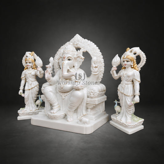 12' to 24' inch Makrana Marble Riddhi Siddhi Ganesha Murti Set