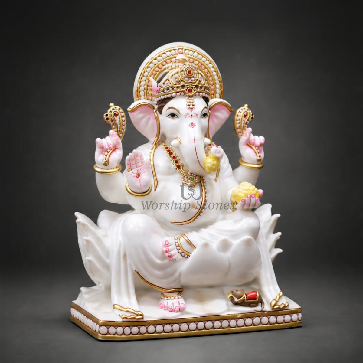 15 Inch White Marble Lord Ganesha Statue – Seated Lotus Ganesha Idol with Gold Detailing
