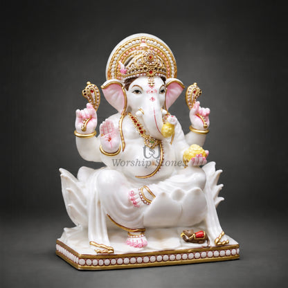 15 Inch White Marble Lord Ganesha Statue – Seated Lotus Ganesha Idol with Gold Detailing