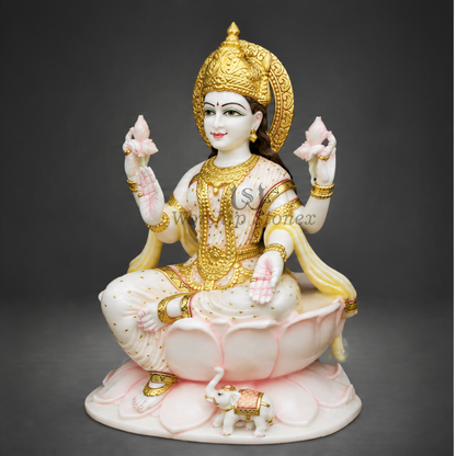 15 inch Seated Goddess Lakshmi Makrana White Marble Murti,idol,statue (Gold Embossed & Pink Lotus Base