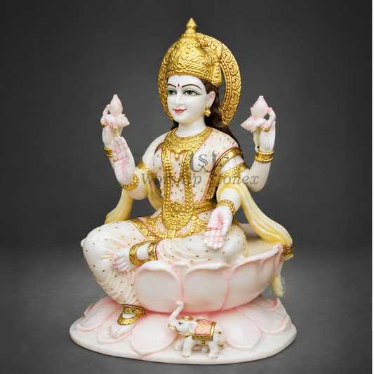 15 inch Seated Goddess Lakshmi Makrana White Marble Murti,idol,statue (Gold Embossed & Pink Lotus Base